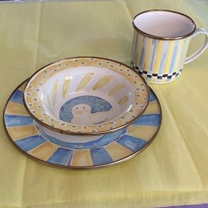 MacKenzie-Childs Vintage Hand-Painted Childs Duck 3-Piece Dinnerware Set